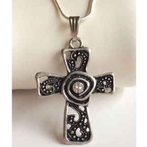 Vintage Celtic Crystal Cross Necklace 22" Silver Plated Christian Baptism Gift